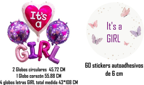Globos It's A Girl + 60 Stickers Baby Shower 6cm