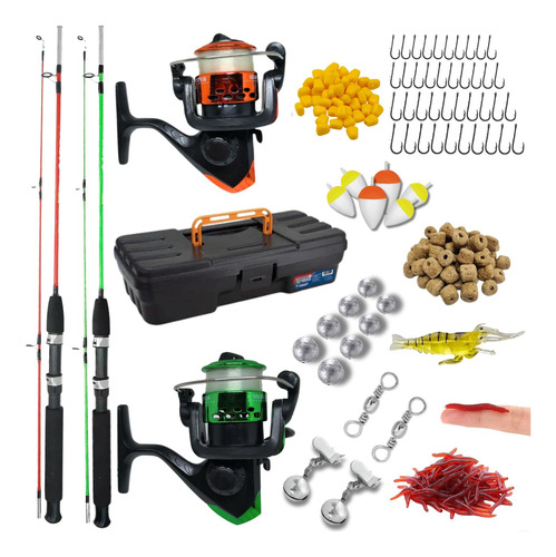 Kit Pesca 2 Vara 1,50 E 2 Molinete + Linha Maleta Acessórios