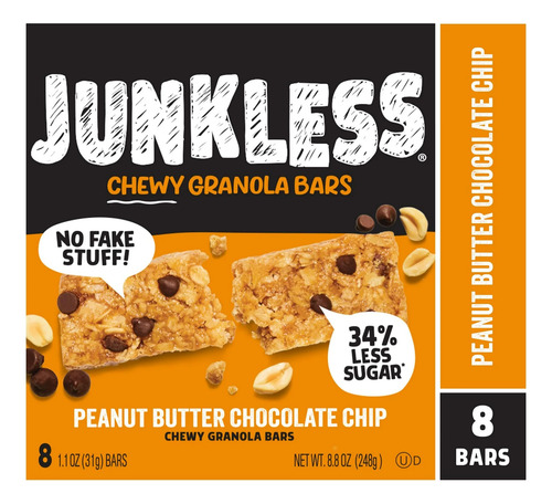 Junkless 8 Barras De Granola Peanut Butter - Chocolate Chip