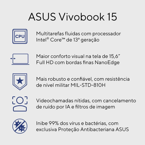 Notebook ASUS Vivobook 15 X1504VA Intel Core i5 1334U 16Gb Ram 1TB SSD Linux KeepOS Intel Iris Xe Tela 15,6" LED FHD Silver NJ2247