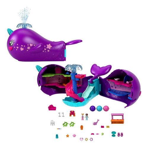 Conjunto Cenário Barco Narval Baleia - Interno Cruzeiro Possui Dois Andares Tobogã Piscina Elevador Pista De Dança Demais Áreas - Com Micro Boneca Polly Pocket E Mini Acessórios - Mattel Brinquedos