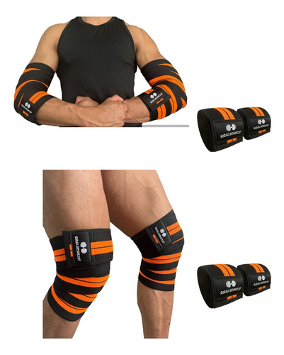 Kit Par De Vendas Para Rodilla Knee Wraps + Coderas Para Gym