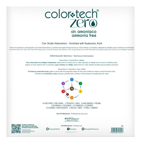 Tinte Nutrapel Colortech Zero Sin Amoniaco 20 Vol. 7.46 Rubio Cobrizo Rojizo