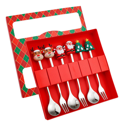Juego De 6 Cucharas Y Tenedores Navideños Con Caja Rojo 6b