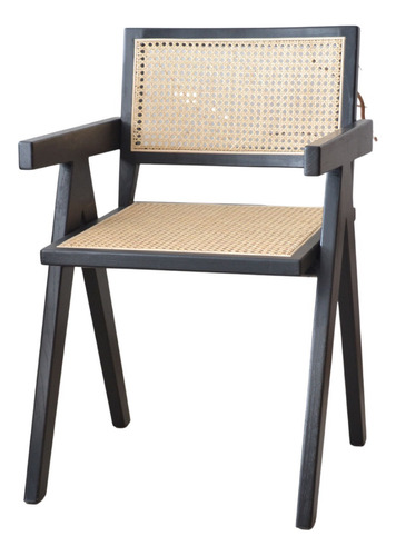 Silla Para Comedor De Madera Nórdico Rattan - Jeanneret Estructura de la silla Negro Asiento Beige Diseño de la tela Liso