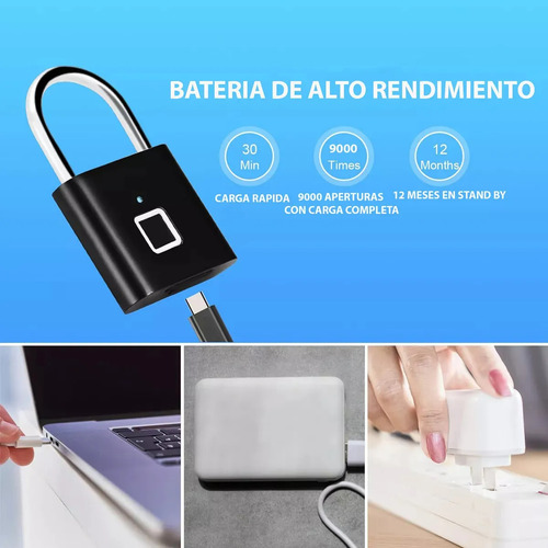 Candado Huella Digital Candados Tactil Resistente Fuerte Usb Negro