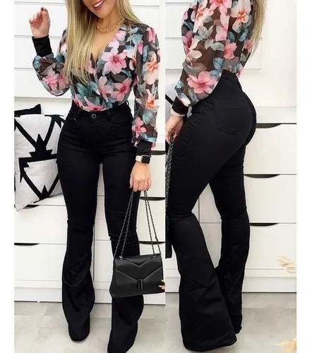 Kit Conjunto Cal a Flare Preta Jeans Cropped Tule Floral