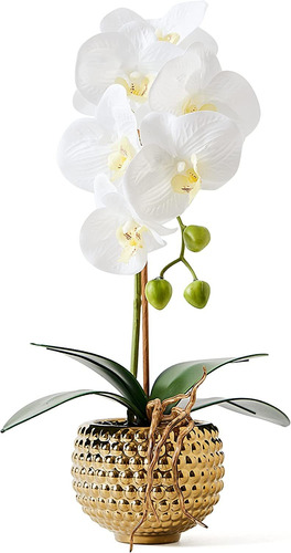 Flores De Orquideas Artificiales Blancas Con Maceta Dorada