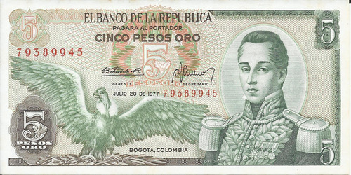 Colombia 5 Pesos 20 Julio 1977