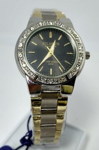 Relógio Prata Fundo Preto Com Strass Atlantis - W3261