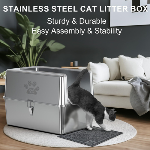 Caja De Arena Para Gatos De Acero Inoxidable Cerrada Pwtaa X