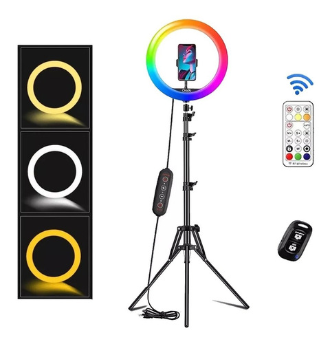 Imagen 1 de 10 de Aro De Luz Led 26 Cm Luz Rgb Calida Fria + Trípode 2.10 Mt