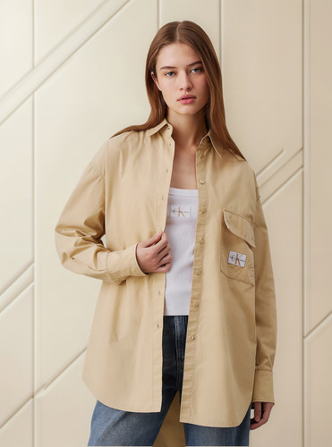 Camisa Long Cotton Utility Beige Calvin Klein