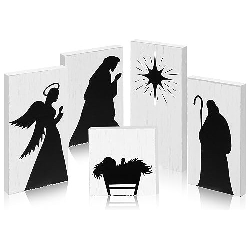 5 Pcs Nativity Wooden Block Sets Nativity Scene Black S...