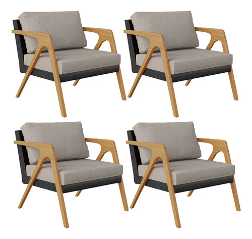 Kit 04 Poltronas Pietra Couríssimo Preto Linho Bege Desenho Do Tecido Liso