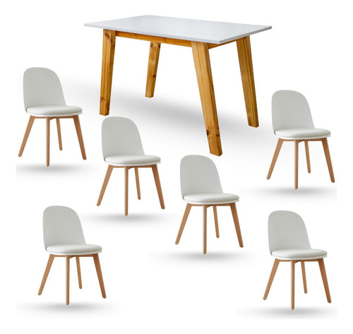 Juego Comedor Nórdico Mesa Escandinava 180 + 6 Sillas Vita Blanco