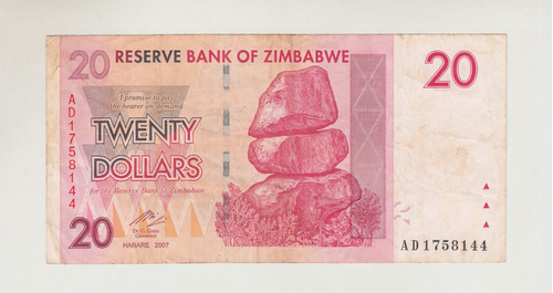 Billete De Zimbabwe 20 Dolares Año 2007 (c85)