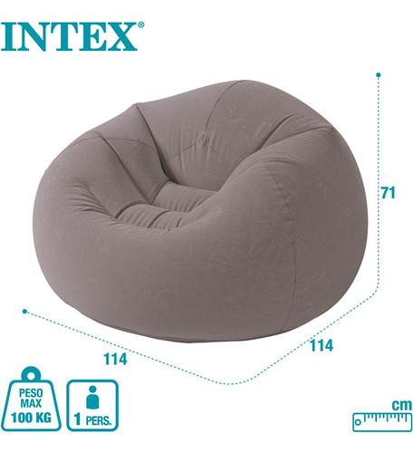 Sillón Inflable De Terciopelo Sin Frijoles Con Capacidad Para Hasta 100 Kg Intex, Color Gris Gris