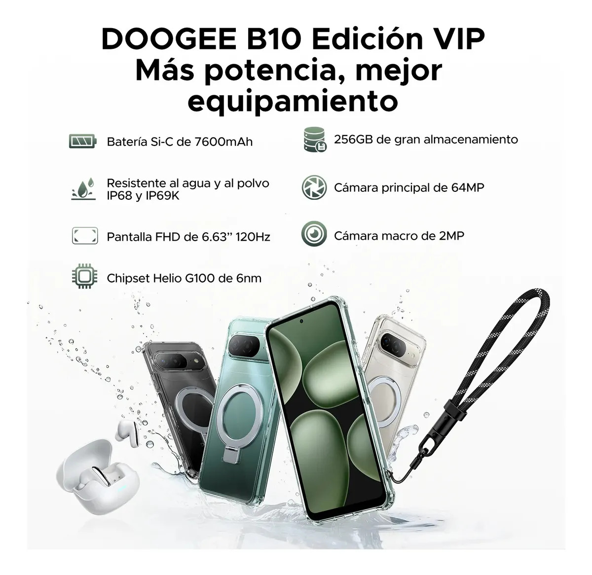 DOOGEE B10 VIP Edition Teléfono Móvil 6.63" FHD 120Hz, Android 16, 48GB RAM+256GB ROM, 7600mAh Batería, Carga Rápida 33W, 64MP Cámara IA,IP68 a Prueba de Agua, Desbloqueo Huella/Rostro, NFC Google pay