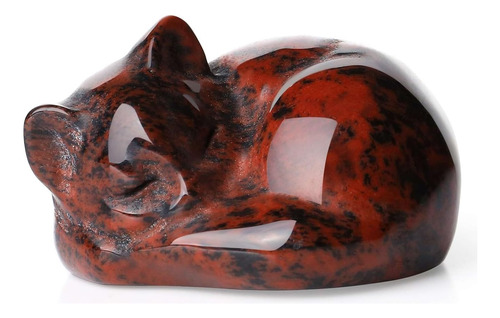 Estatua De Gato Dormido, Obsidiana Roja, Piedra Curativa, Ta