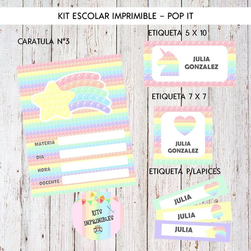 Kit Imprimible Etiquetas Escolares Pop It + Caratulas