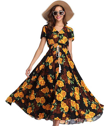 Vestido Maxi Para Mujer Cuello V Diseño Floral Estilo Cordon