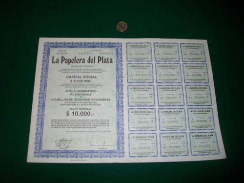 Papelera Del Plata . Titulo De 1 Millon De Acciones . 1992 .