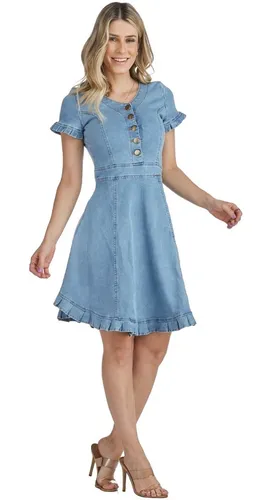 Vestido Midi Manga Curta Com Babados Na Barra E Manga