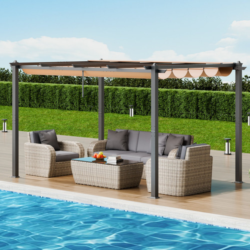 Toldo Pergola Retráctil Exterior Sombra Aluminio Beige 4x3 M