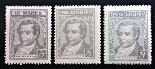 Argentina, Gj 889 X 3 Moreno 3c S Fil Colores 46 Mint L14034