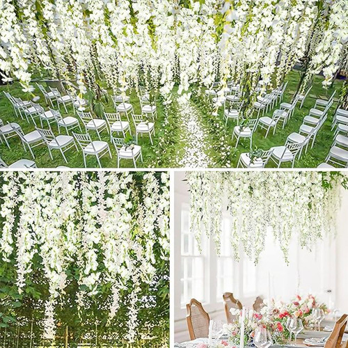 Flores Artificial Wisteria 36pzs 1.1m Decoración Fiesta Boda Color Blanco ,Guirnaldas de Flores Artificiales de Glicina,Flor de Plastico Artificial para Hogar, Boda, Fiesta, Jardín, columpios
