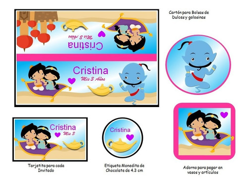 Imagen 3 de 6 de Kit Imprimible Aladdín Bebe Fiesta 3x1