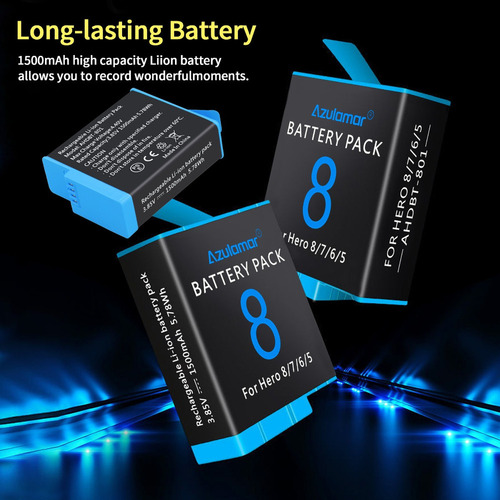 . Azuresea 3x Baterías Y Cargador Kit Para Gopro Hero 8 7 6