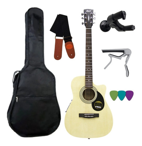 Kit Violao Folk Cort Eletroacustico Aço Natural Af540ce + Nf