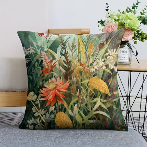 Funda De Almohada De Lino De 18x18 Pulgadas Con Flores Acuar