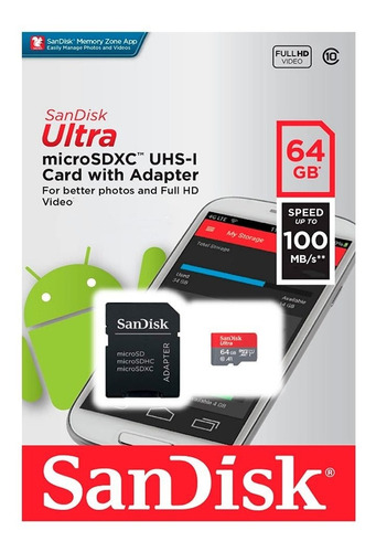 Tarjeta Memoria + Adaptador Sandisk 64gb Ultra Micro Sdhc/xs