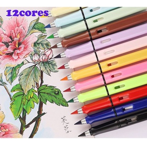 Kit 12 Lápis De Cor Ponta Infinita Com Borracha Ponta Fina