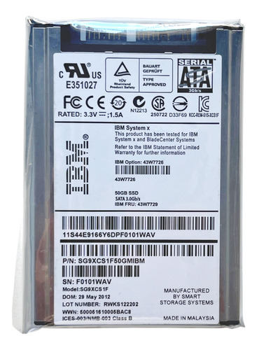 Ssd Ibm 50gb 1,8 Sata 3gbps 43w7729 43w7726 Hs22 Hx5 X3250 X3400 M3 X3650 M2 X3690 X3850 X3950 X5 @ Prateado