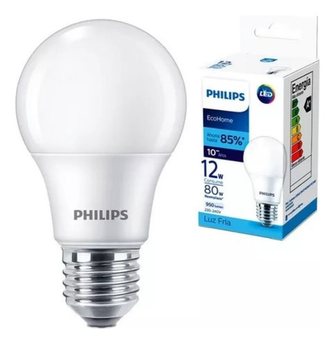 Lampara Philips Foco Ampolleta Led 12w = 80w - Pack X 2 U. Luz Fría 12w X 2 U.