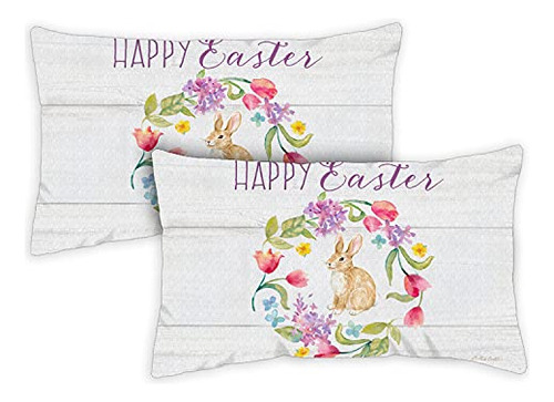 771324 Set Of 2 Easter Bunny Wreath Easter Pillow Cover...