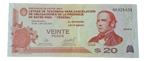 Argentina Billete Bono 20 Pesos Entre Rios  Serie B