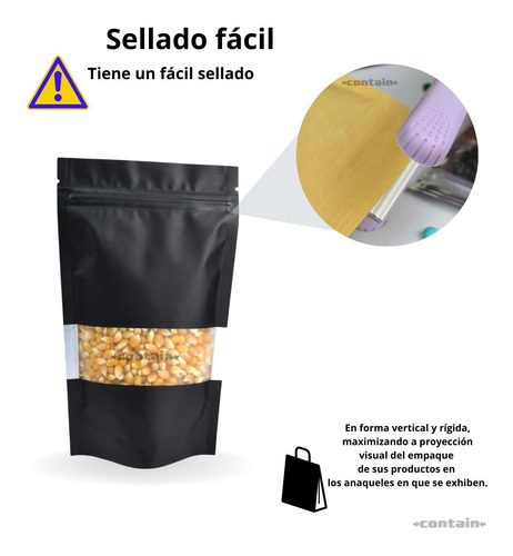 Imagen 5 de 7 de 50 Bolsa Stand Up Pouch Cierre Negro Mate Ventana De 50 Grs