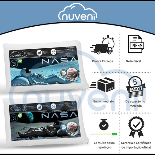 Kit 4 Travesseiro Nasa Viscoelástico Confortável Macio 10cm