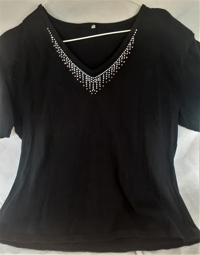 Remera Algodon Negra C/ Strass Plata Y Bronce Xxl