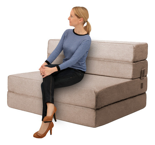Sofá Cama Matrimonial Plegable, Colchoneta Con Soporte Firmé Color Beige