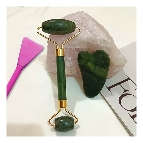Set De Cuidado Facial Diler 3pzs Con Rodillo Para Masaje Piedra Gua Sha Y Espátula De Silicón Color Rosa 2 En 1 Reutilizable Fácil De Usar Y Apto Para Todo Tipo De Piel Ideal Para Skincare Diario