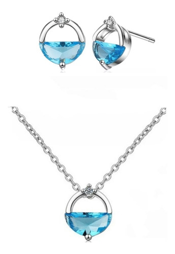 Conjunto Mujer Aro Cadena Colgante Azul Plata Ley S925 