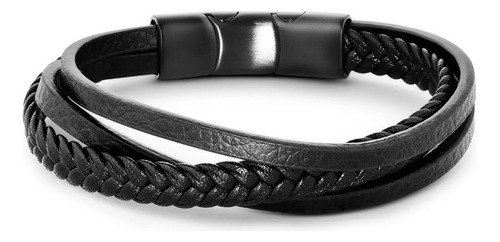 Pulseira Life Masculina Trançada Couro Preto 19,5 Cm 487 Comprimento 19.5 Cm