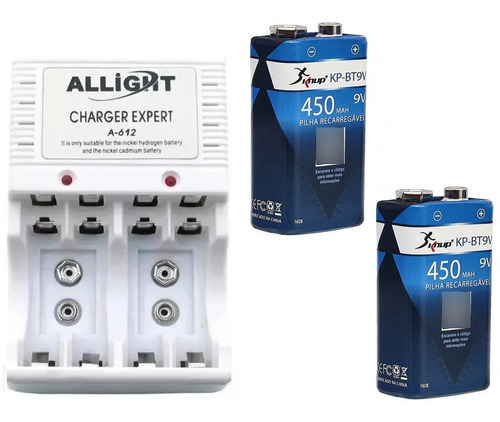 Kit 2 Baterias Recarregável 9v 450 Mah Knup + Carregador Aa