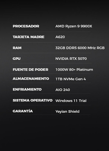 Pc Gamer Yeyian Nvidia Geforce Rtx 5070 12gb Gddr7, Amd Ryzen 9 9900x 5.6ghz, 32gb Ddr5 6000mhz Rgb, 1tb Nvme M.2 Gen 4, 1000w Platinum, Enfriamiento 240mm, Wifi,bluetooth, Ypa-ms990xc-5701m